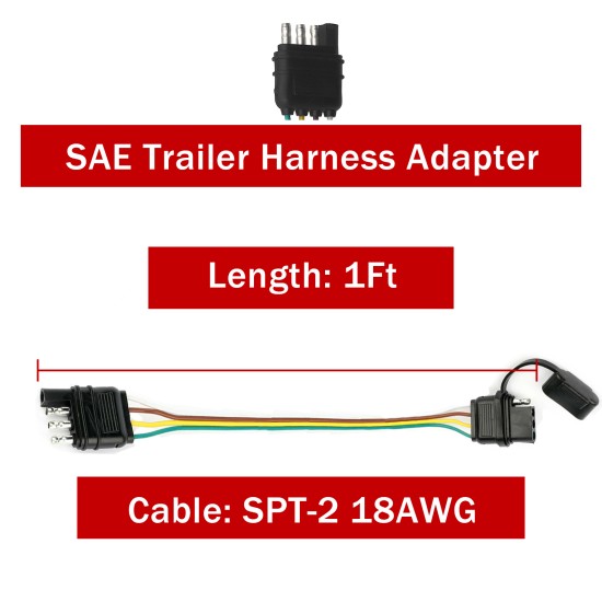 4-Way Flat Trailer Wiring Harness with 12 Inch Wires | 4 Pin Flat Wire Extension Male and Female Connector with Dust Cover