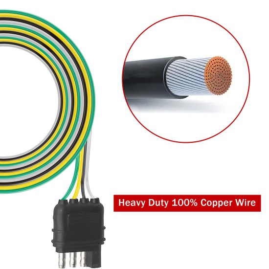 4-Way Flat Trailer Wiring Harness with 12 Inch Wires | 4 Pin Flat Wire Extension Male and Female Connector with Dust Cover